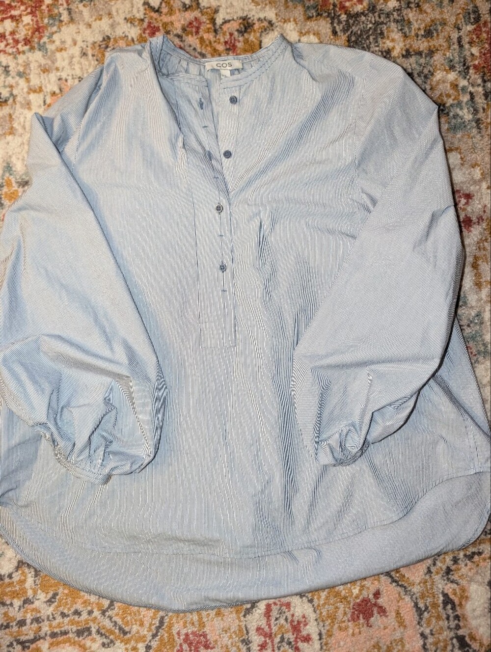 COS Women's 8/M Light Blue Pinstripe Tunic Casual Puff Sleeve 100% Cotton